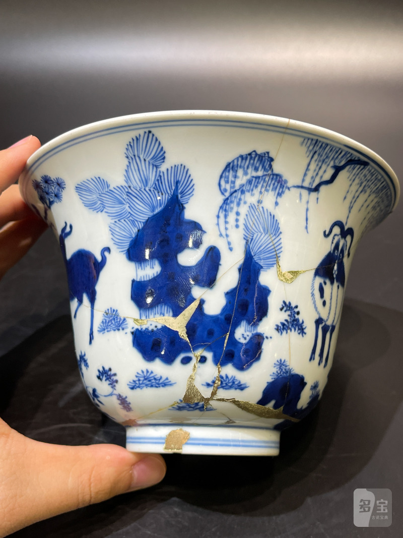 清康熙 青花三羊开泰仰钟碗 - 图5